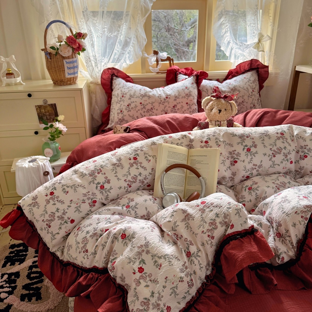 91家纺网 家纺一手货源 找家纺 芭比蔓家纺 2026春夏新款皱皱纱印花四件套 浪漫花语