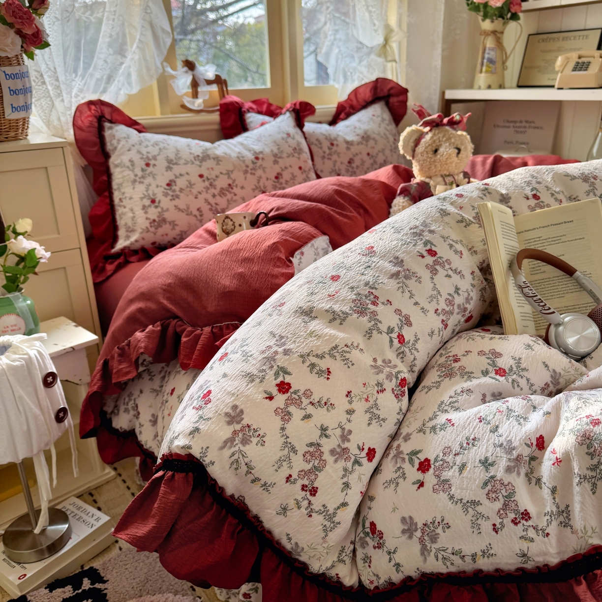 91家纺网 家纺一手货源 找家纺 芭比蔓家纺 2026春夏新款皱皱纱印花四件套 浪漫花语