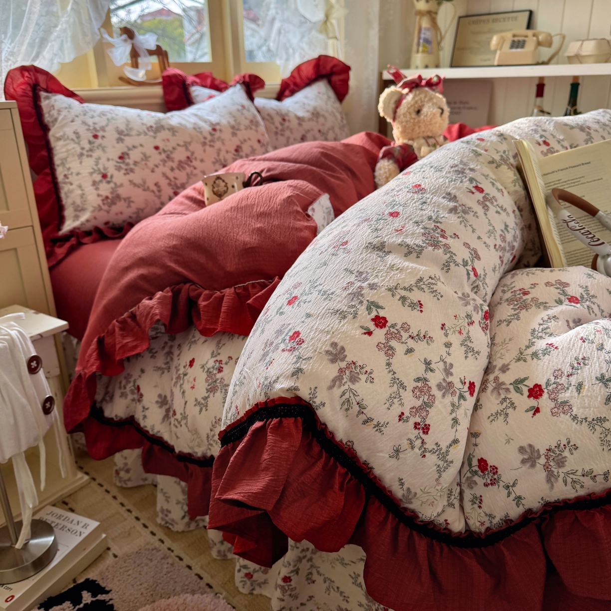 91家纺网 家纺一手货源 找家纺 芭比蔓家纺 2026春夏新款皱皱纱印花四件套 浪漫花语