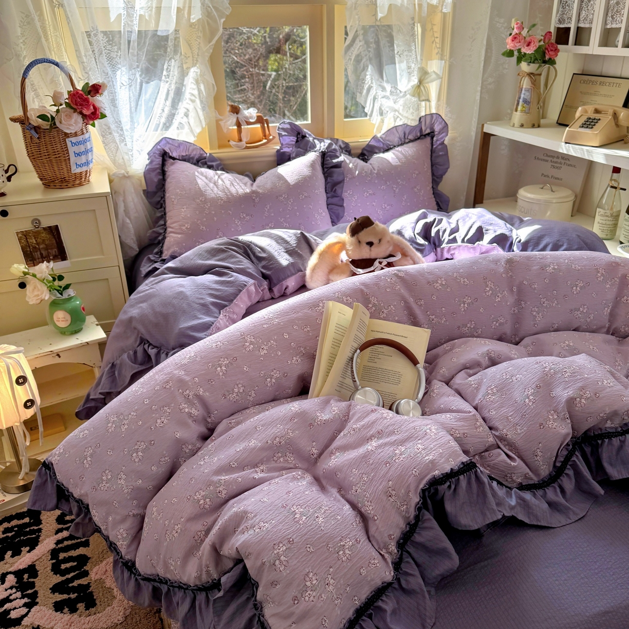 芭比蔓家纺 2026春夏新款皱皱纱印花四件套 柔情细语