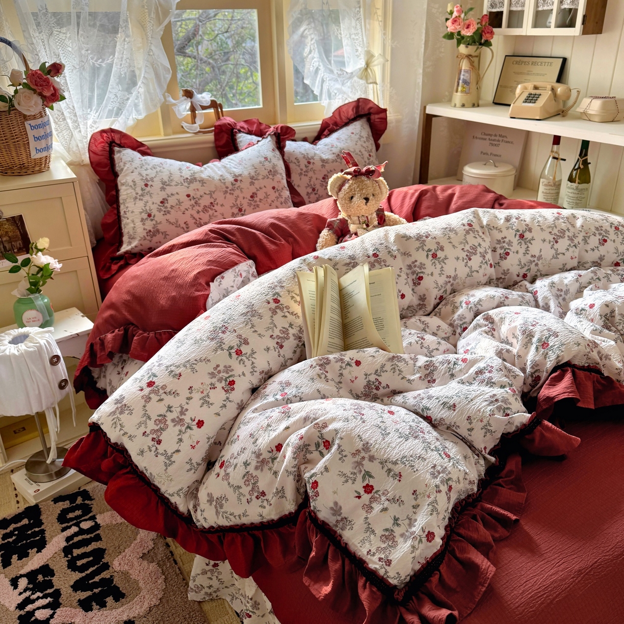 91家纺网 家纺一手货源 找家纺 芭比蔓家纺 2026春夏新款皱皱纱印花四件套 浪漫花语