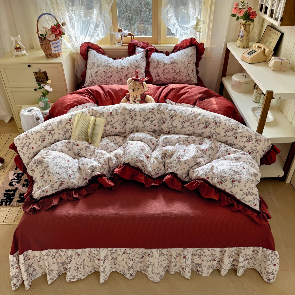 91家纺网 家纺一手货源 找家纺 芭比蔓家纺 2026春夏新款皱皱纱印花四件套 浪漫花语