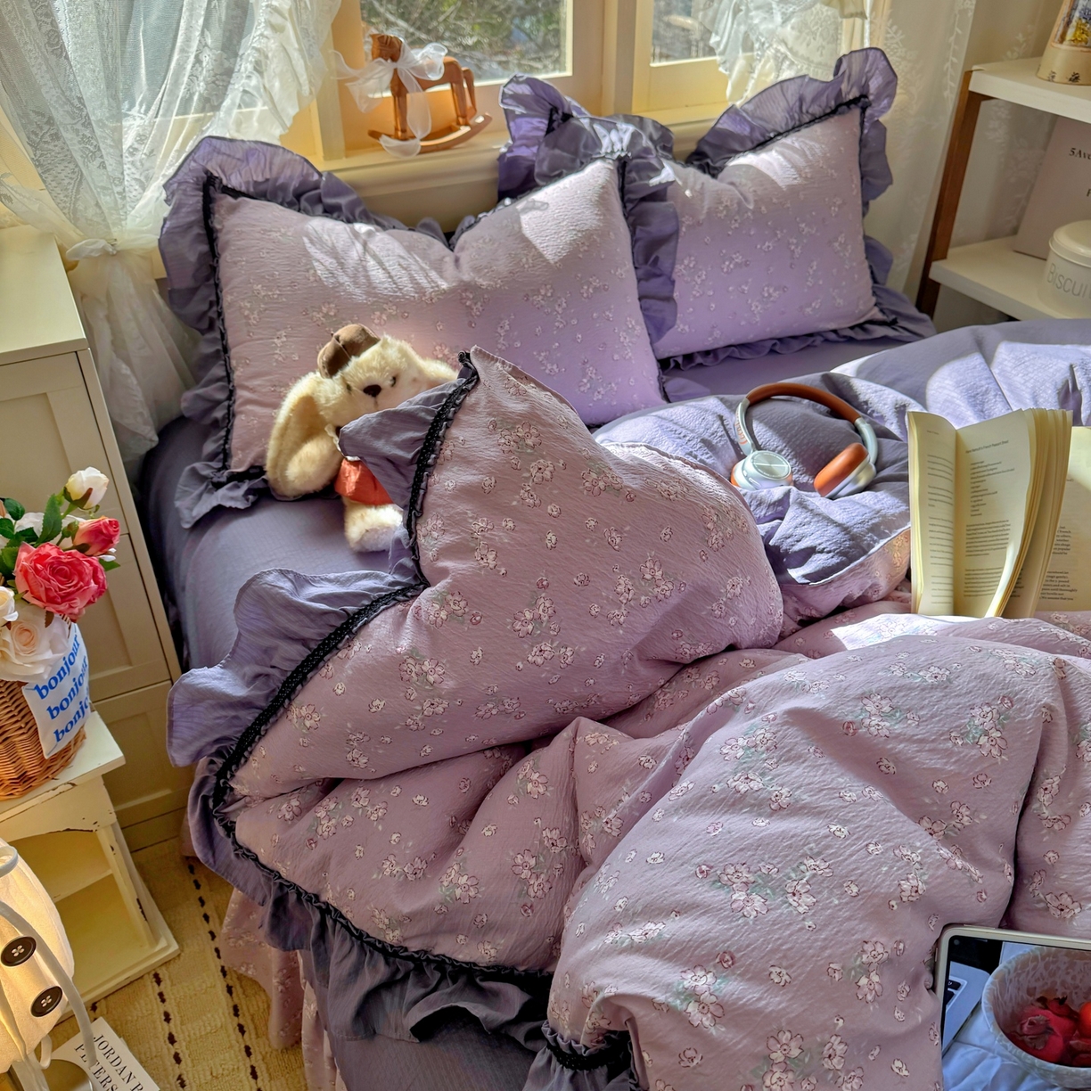 91家纺网 家纺一手货源 找家纺 芭比蔓家纺 2026春夏新款皱皱纱印花四件套 柔情细语