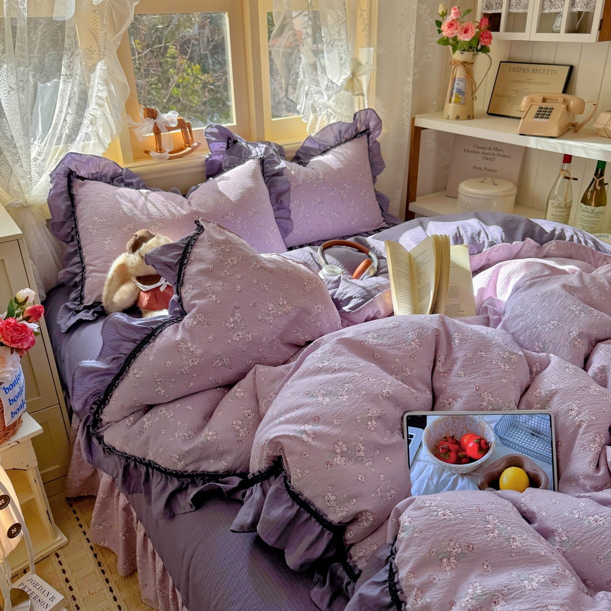 91家纺网 家纺一手货源 找家纺 芭比蔓家纺 2026春夏新款皱皱纱印花四件套 柔情细语