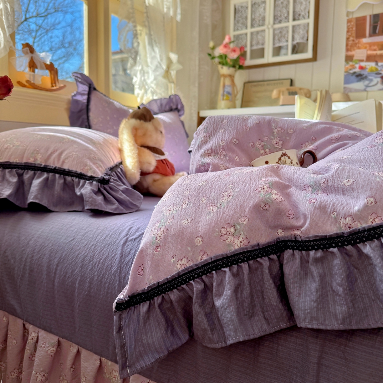 91家纺网 家纺一手货源 找家纺 芭比蔓家纺 2026春夏新款皱皱纱印花四件套 柔情细语