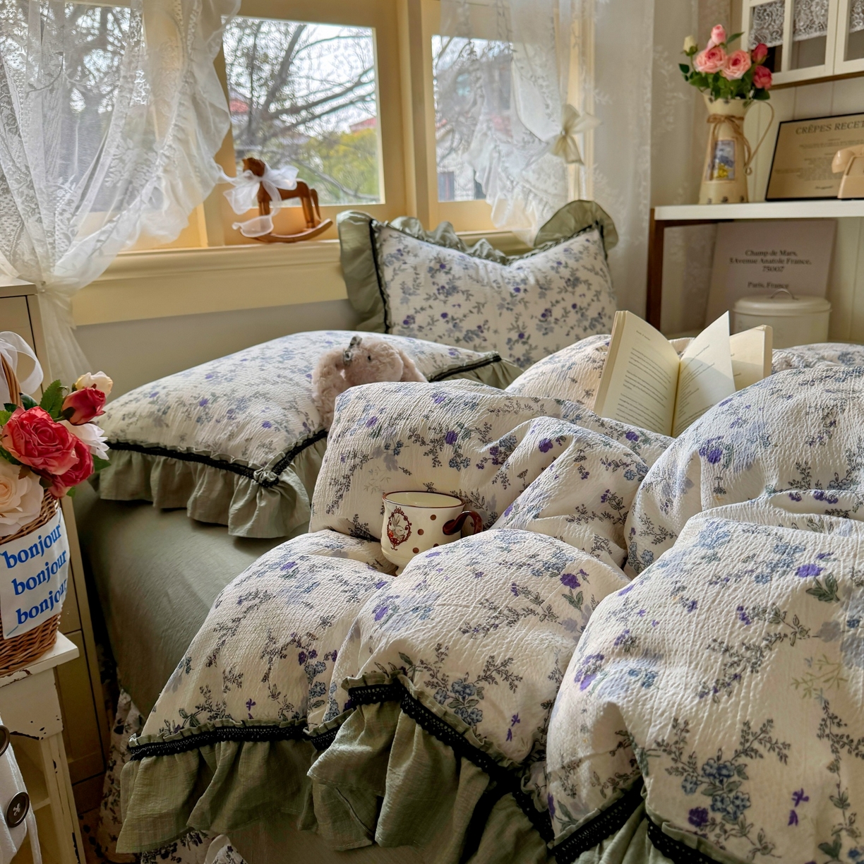 91家纺网 家纺一手货源 找家纺 芭比蔓家纺 2026春夏新款皱皱纱印花四件套 春雨情丝