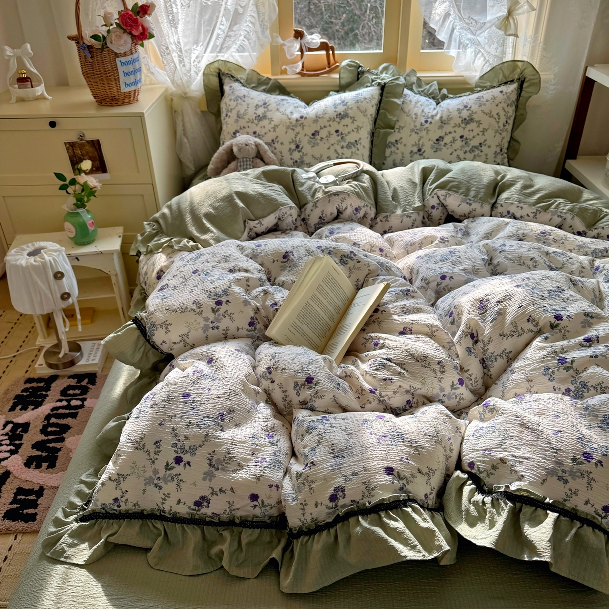 91家纺网 家纺一手货源 找家纺 芭比蔓家纺 2026春夏新款皱皱纱印花四件套 春雨情丝