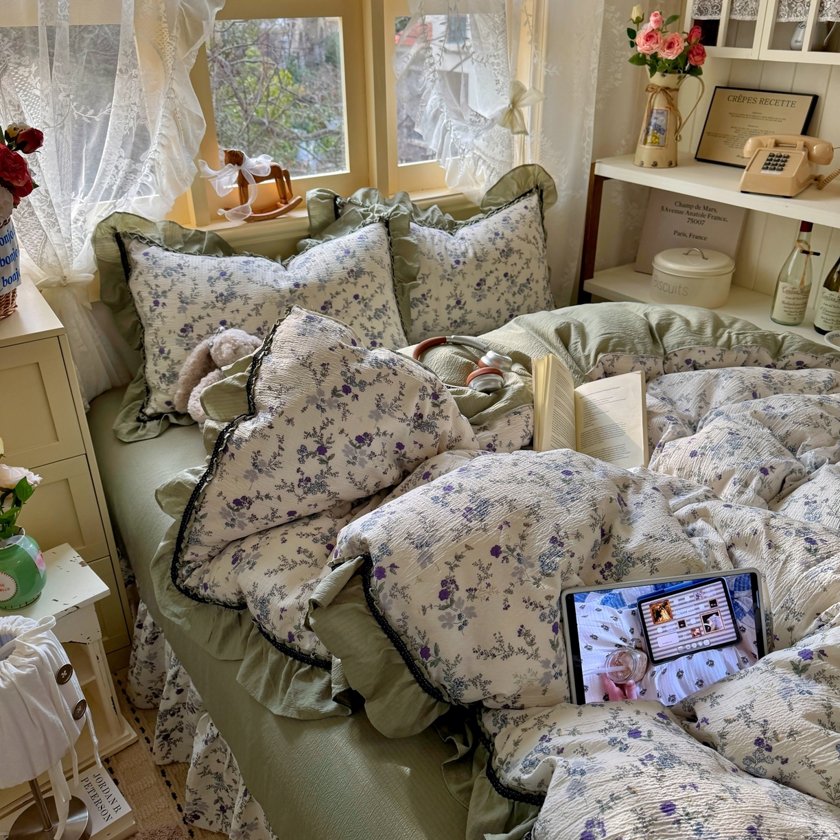 91家纺网 家纺一手货源 找家纺 芭比蔓家纺 2026春夏新款皱皱纱印花四件套 春雨情丝