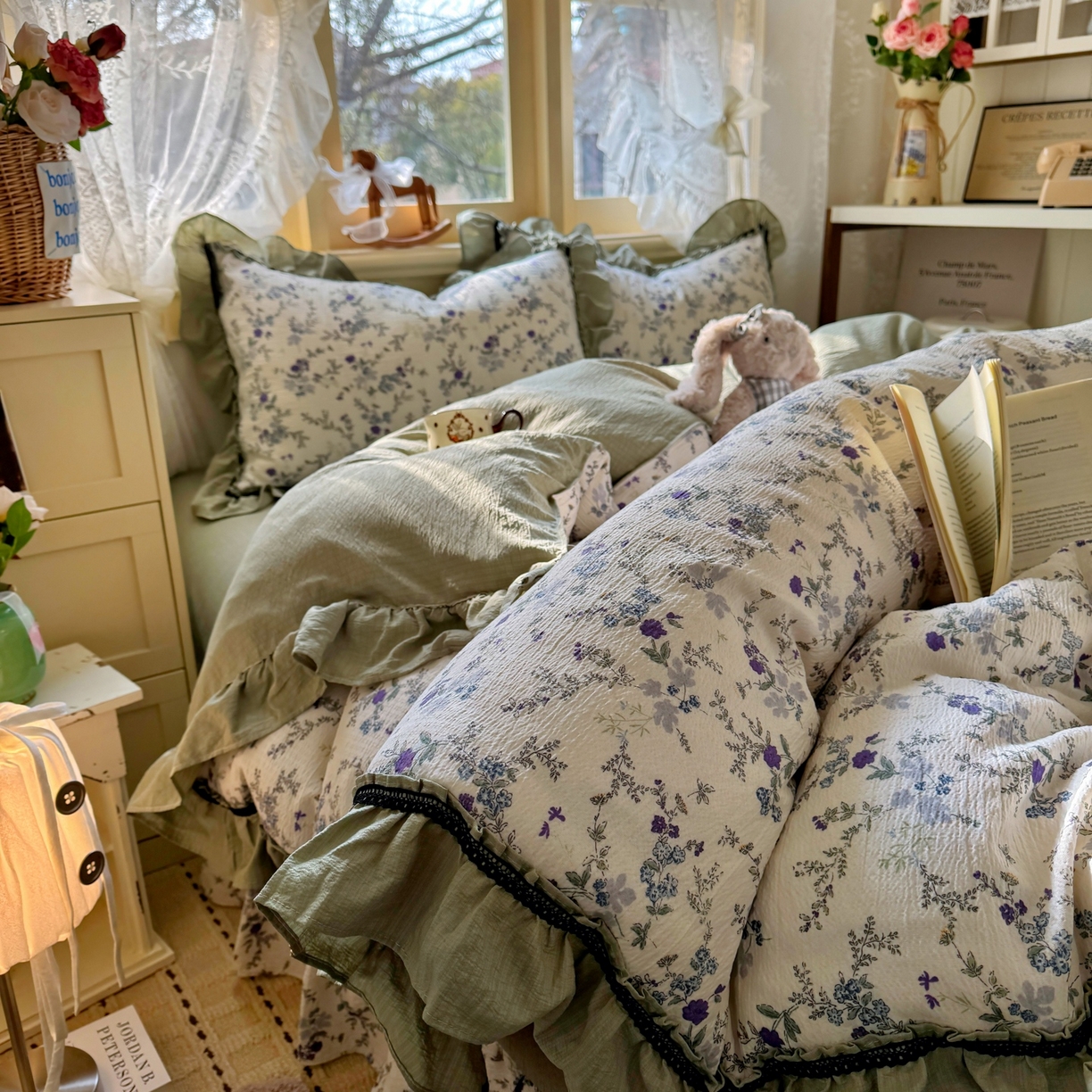 91家纺网 家纺一手货源 找家纺 芭比蔓家纺 2026春夏新款皱皱纱印花四件套 春雨情丝