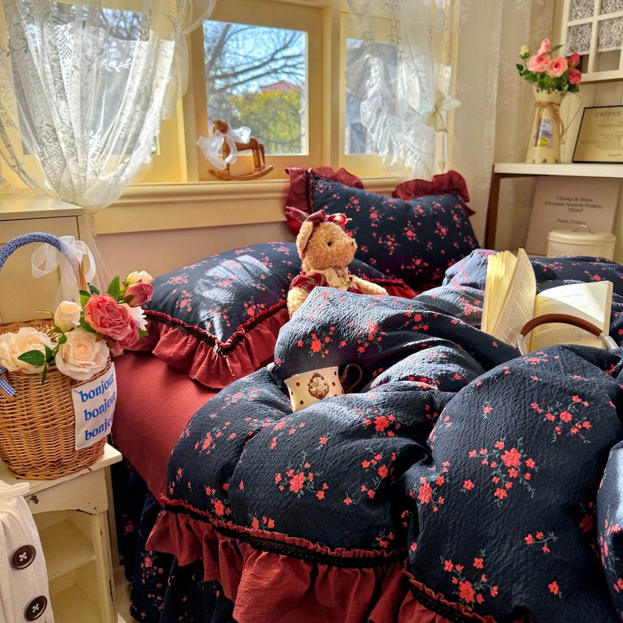 91家纺网 家纺一手货源 找家纺 芭比蔓家纺 2026春夏新款皱皱纱印花四件套 甜蜜蜜