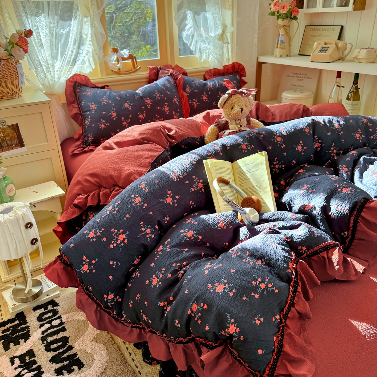 91家纺网 家纺一手货源 找家纺 芭比蔓家纺 2026春夏新款皱皱纱印花四件套 甜蜜蜜