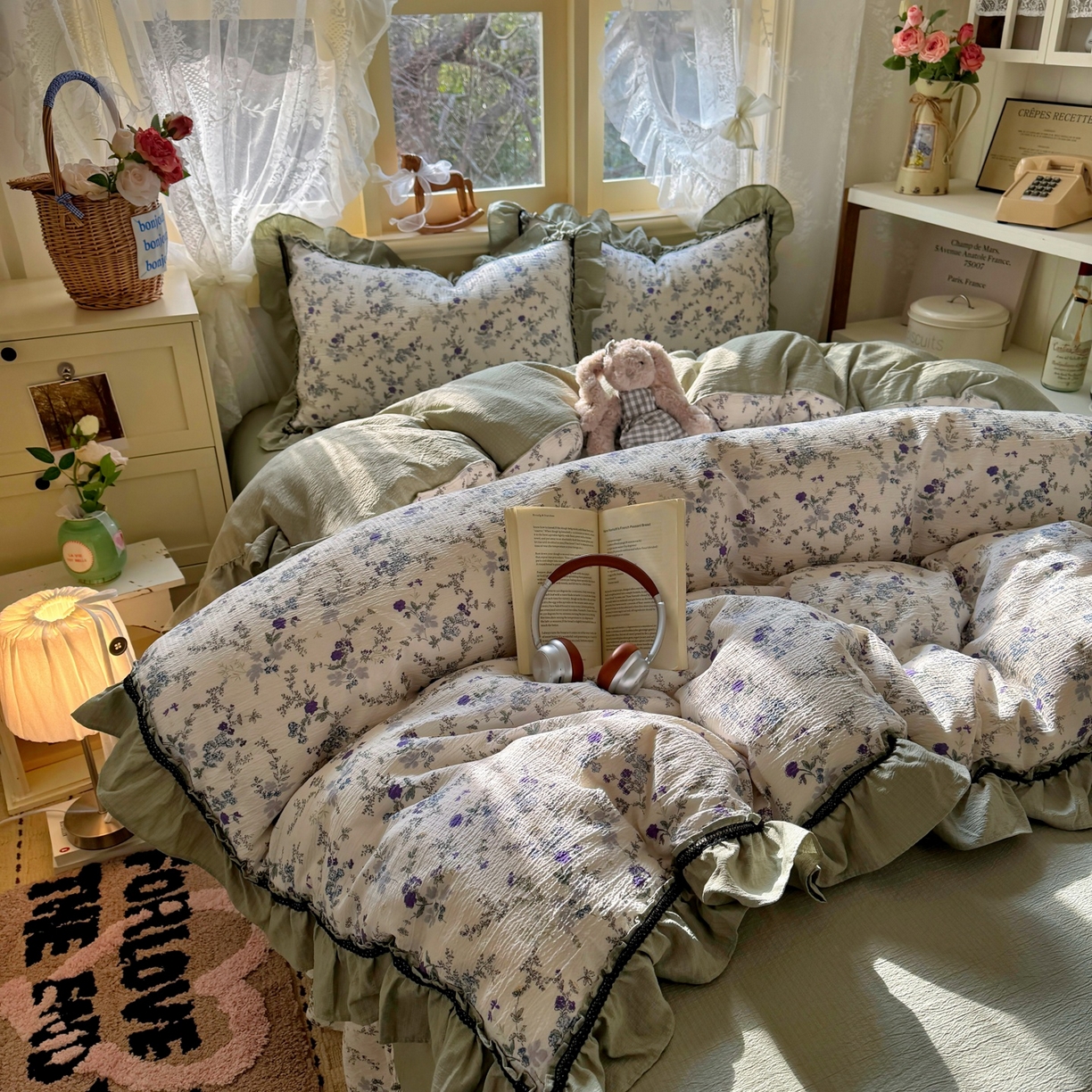 芭比蔓家纺 2026春夏新款皱皱纱印花四件套 春雨情丝