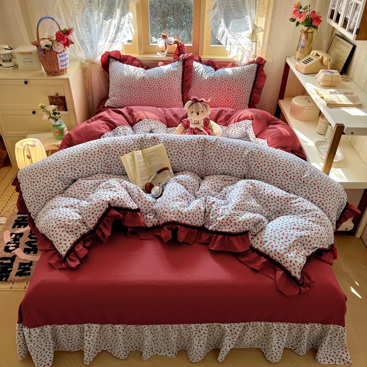 91家纺网 家纺一手货源 找家纺 芭比蔓家纺 2026春夏新款皱皱纱印花四件套 花月佳期