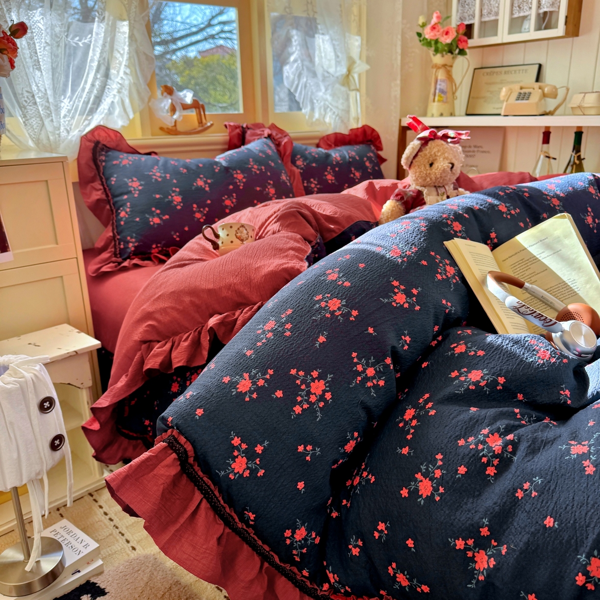 91家纺网 家纺一手货源 找家纺 芭比蔓家纺 2026春夏新款皱皱纱印花四件套 甜蜜蜜