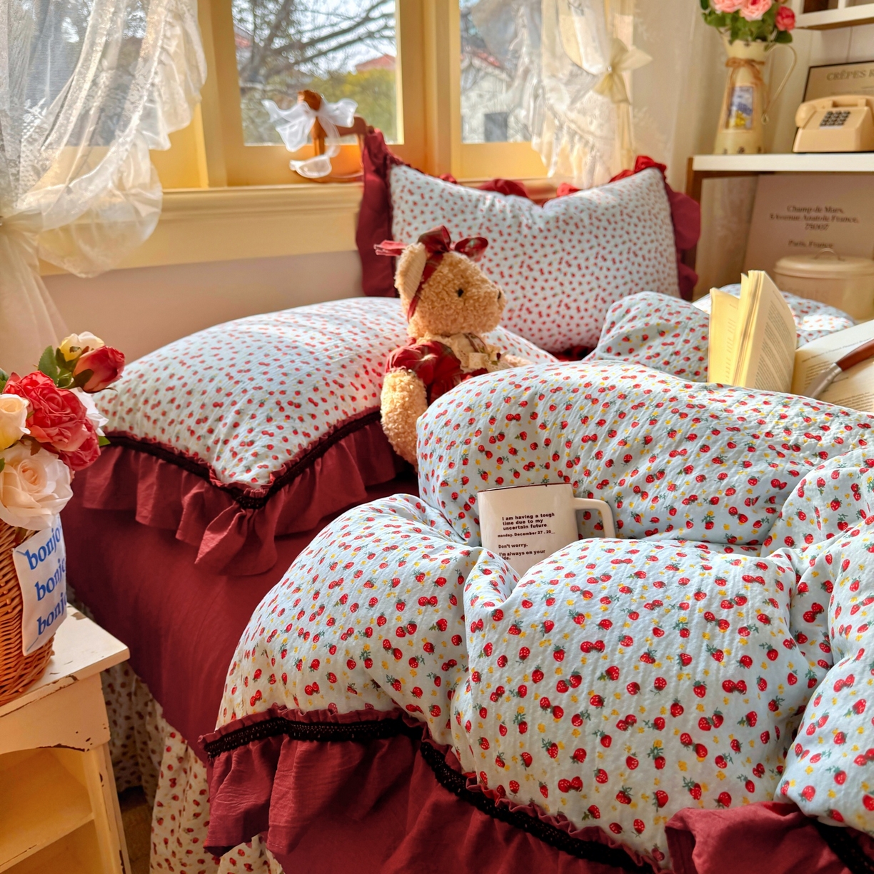 91家纺网 家纺一手货源 找家纺 芭比蔓家纺 2026春夏新款皱皱纱印花四件套 花月佳期