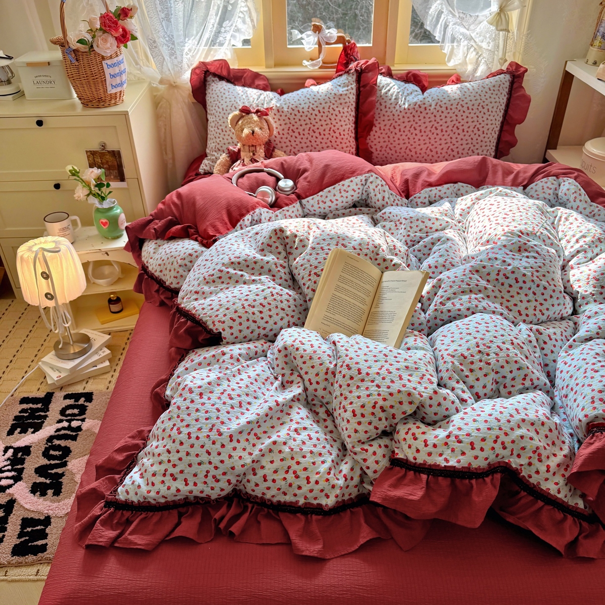 91家纺网 家纺一手货源 找家纺 芭比蔓家纺 2026春夏新款皱皱纱印花四件套 花月佳期