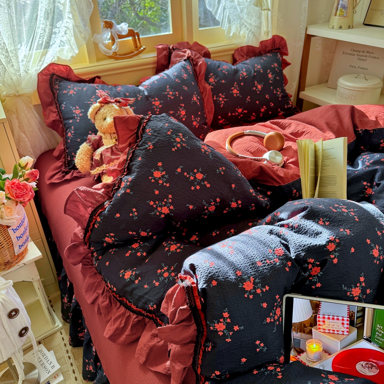 91家纺网 家纺一手货源 找家纺 芭比蔓家纺 2026春夏新款皱皱纱印花四件套 甜蜜蜜