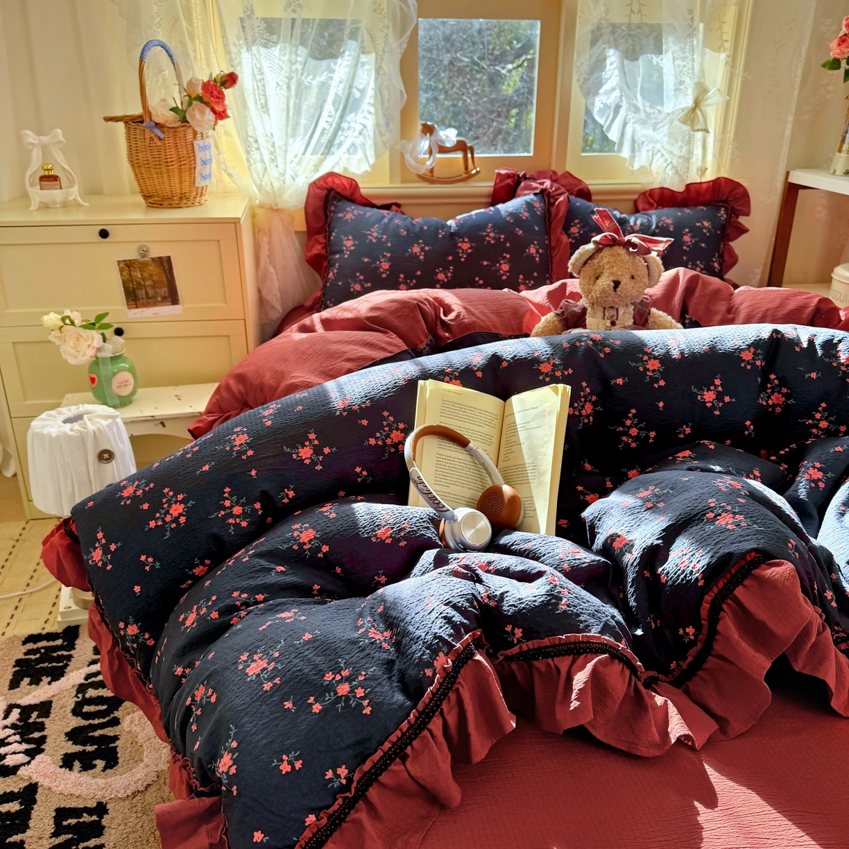 91家纺网 家纺一手货源 找家纺 芭比蔓家纺 2026春夏新款皱皱纱印花四件套 甜蜜蜜