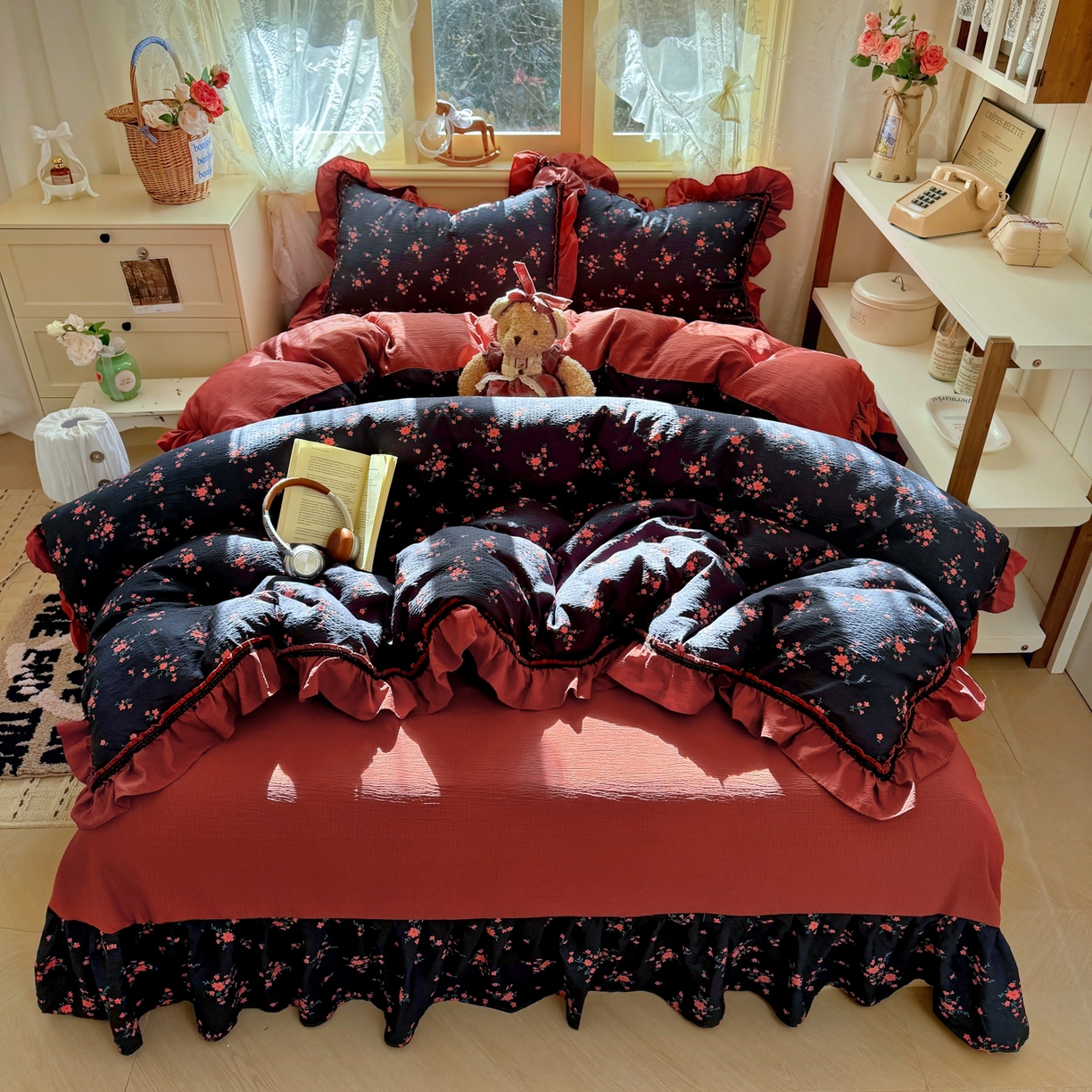 91家纺网 家纺一手货源 找家纺 芭比蔓家纺 2026春夏新款皱皱纱印花四件套 甜蜜蜜