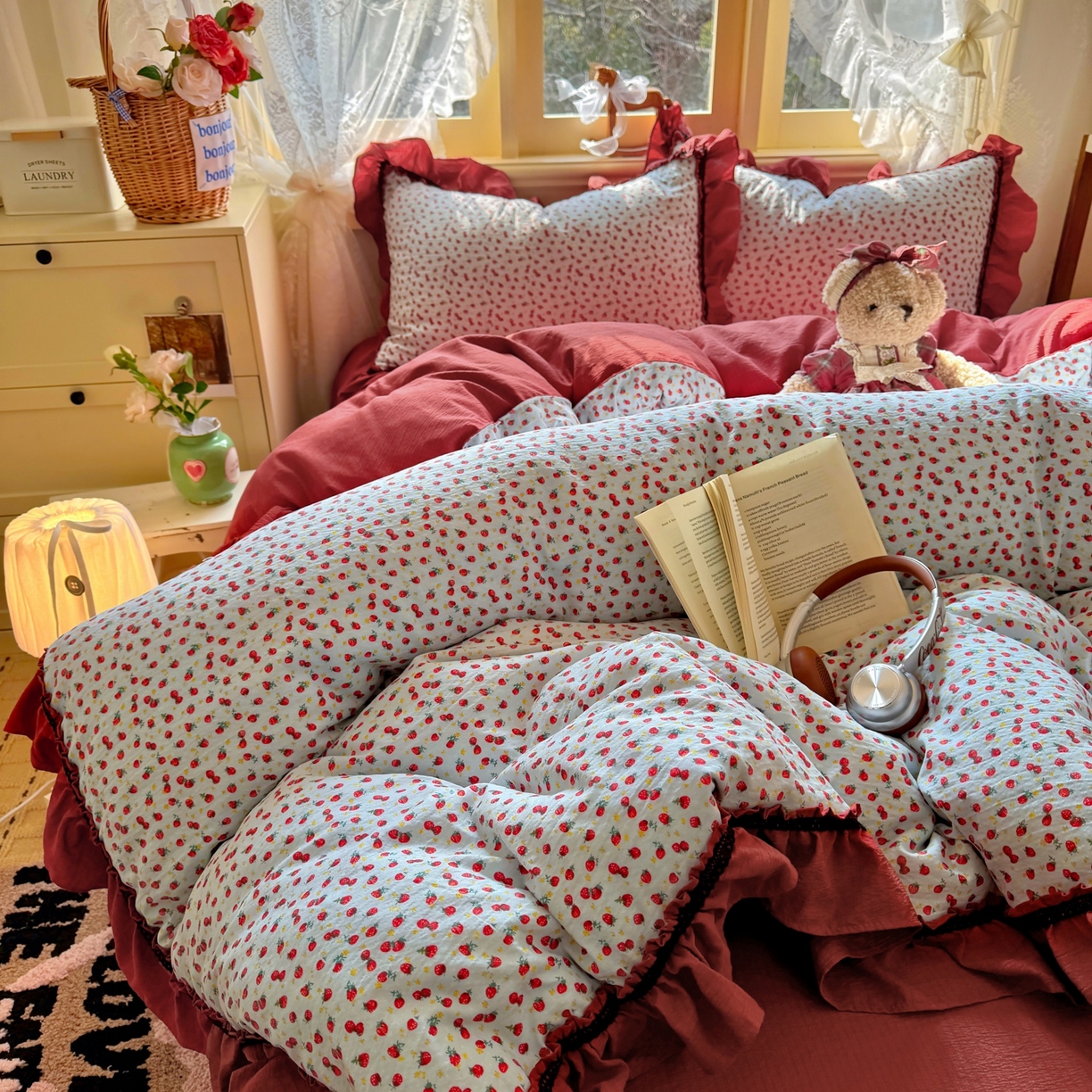 91家纺网 家纺一手货源 找家纺 芭比蔓家纺 2026春夏新款皱皱纱印花四件套 花月佳期