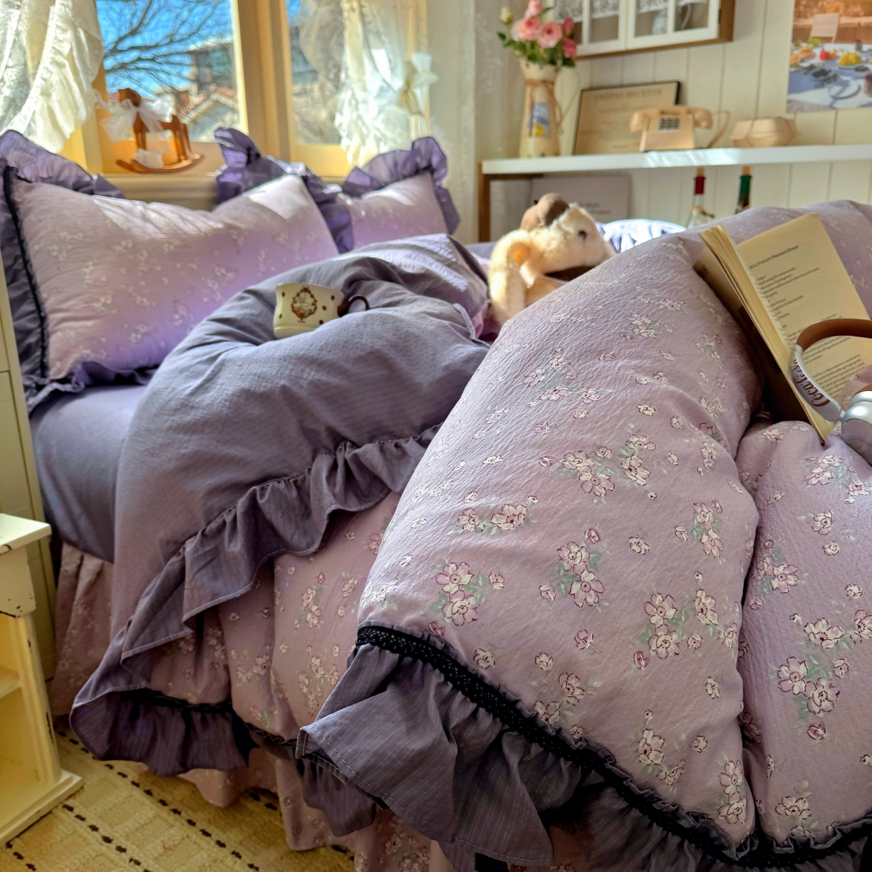 91家纺网 家纺一手货源 找家纺 芭比蔓家纺 2026春夏新款皱皱纱印花四件套 柔情细语