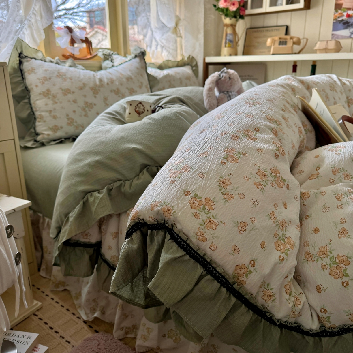 91家纺网 家纺一手货源 找家纺 芭比蔓家纺 2026春夏新款皱皱纱印花四件套 云梦