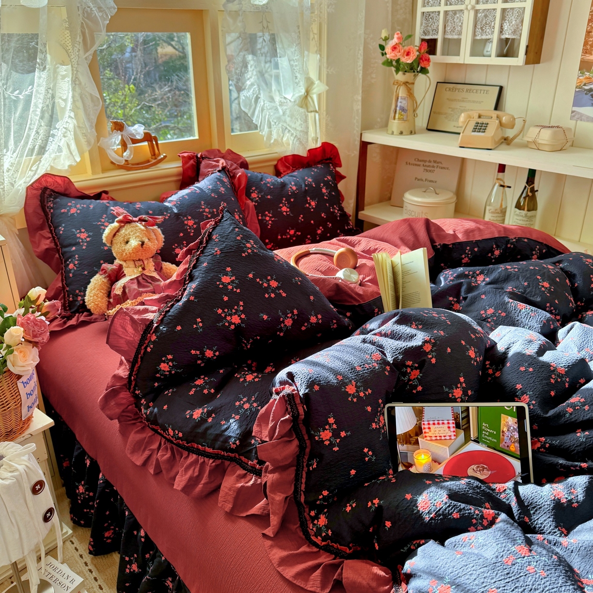 91家纺网 家纺一手货源 找家纺 芭比蔓家纺 2026春夏新款皱皱纱印花四件套 甜蜜蜜