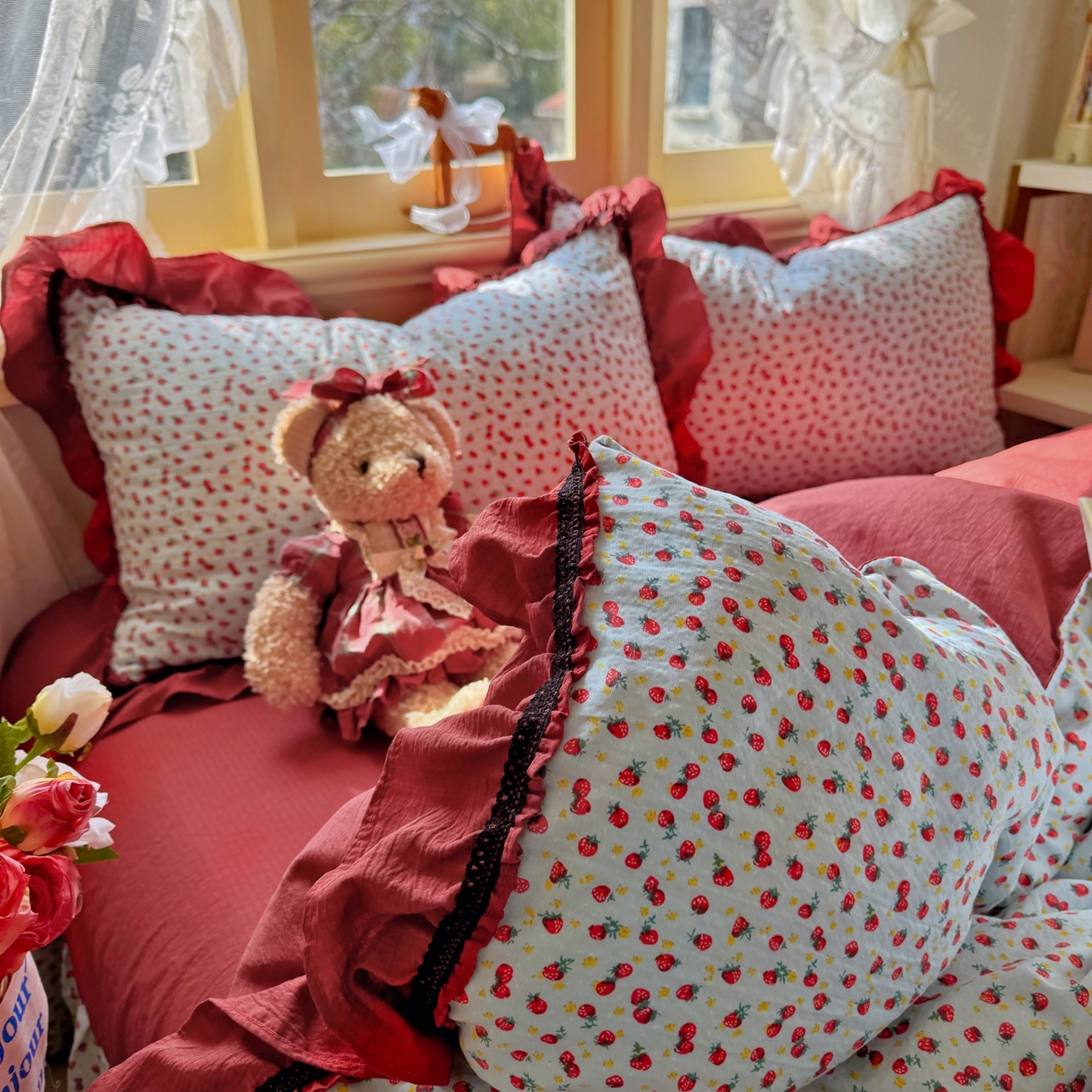 91家纺网 家纺一手货源 找家纺 芭比蔓家纺 2026春夏新款皱皱纱印花四件套 花月佳期