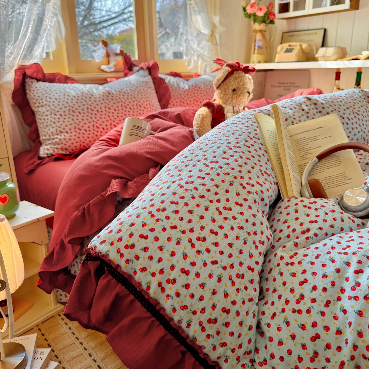 91家纺网 家纺一手货源 找家纺 芭比蔓家纺 2026春夏新款皱皱纱印花四件套 花月佳期