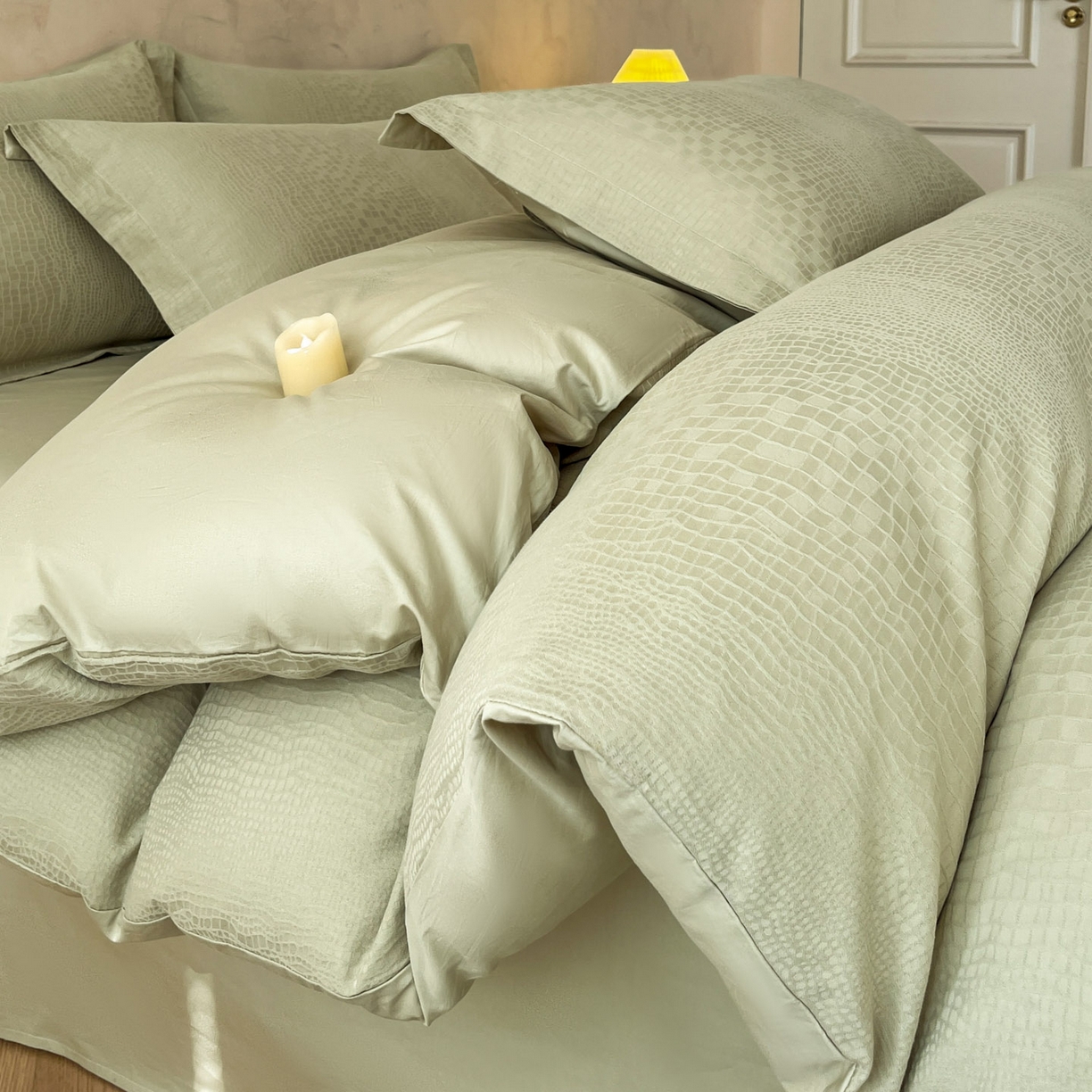 火麒麟家纺 2026新款A类全棉纯棉水洗立体浮雕提花纯棉四件套 石烁（奶绿）