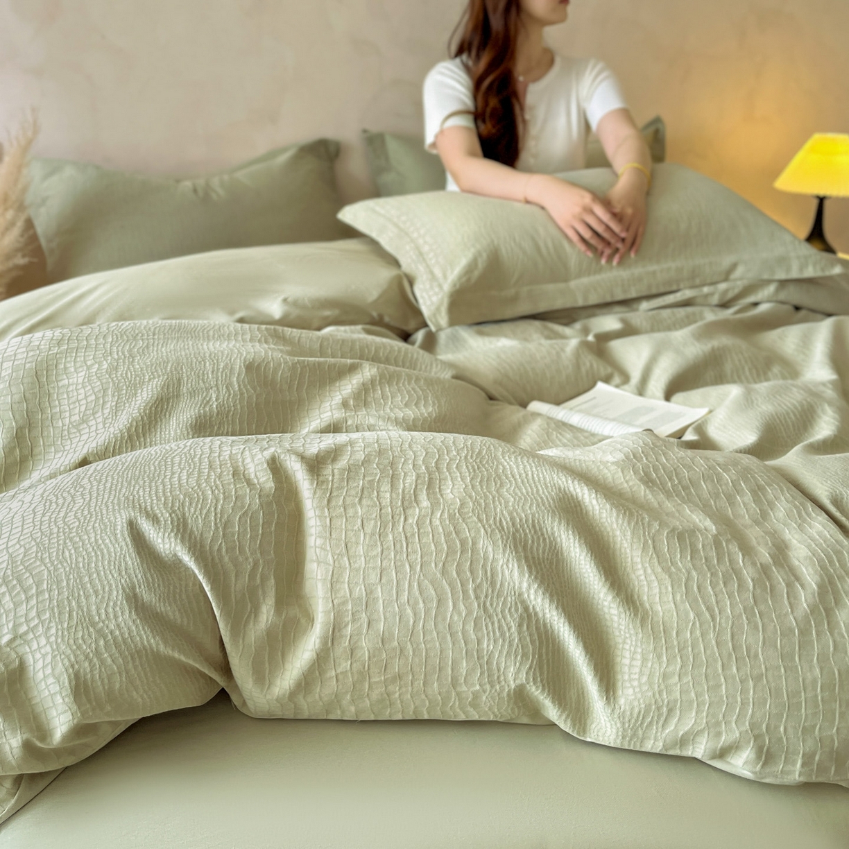 91家纺网 家纺一手货源 找家纺 火麒麟家纺 2026新款A类全棉纯棉水洗立体浮雕提花纯棉四件套 石烁（奶绿）