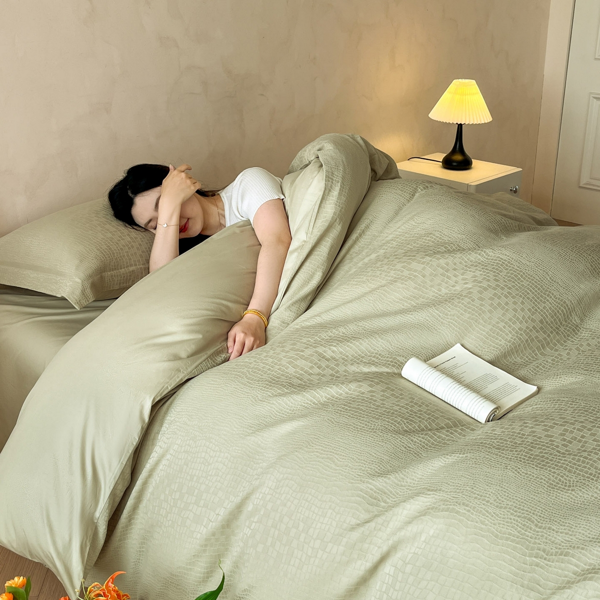 91家纺网 家纺一手货源 找家纺 火麒麟家纺 2026新款A类全棉纯棉水洗立体浮雕提花纯棉四件套 石烁（奶绿）