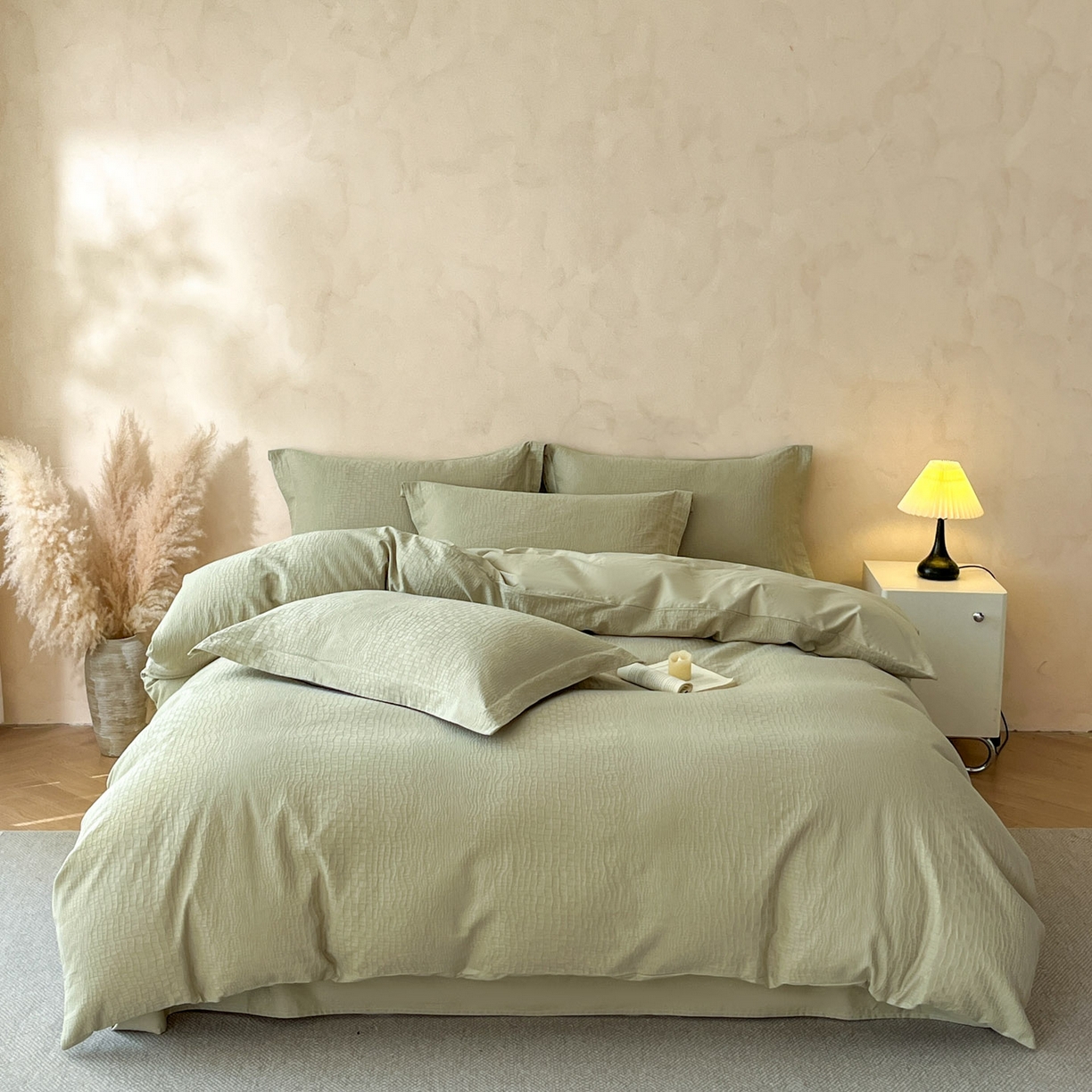 91家纺网 家纺一手货源 找家纺 火麒麟家纺 2026新款A类全棉纯棉水洗立体浮雕提花纯棉四件套 石烁（奶绿）