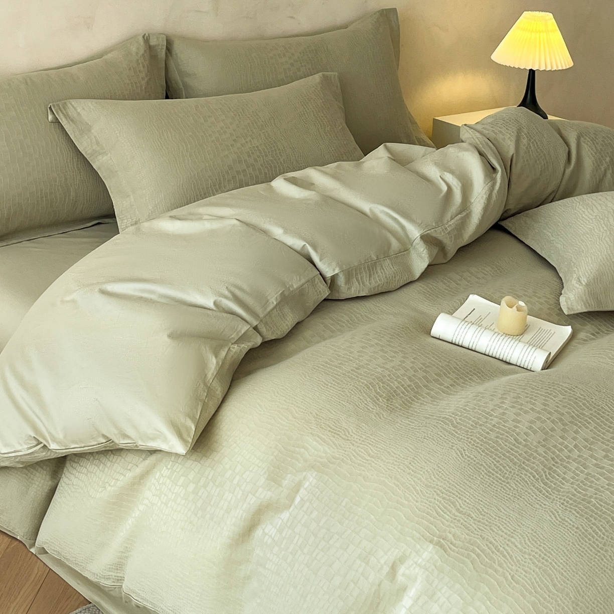 91家纺网 家纺一手货源 找家纺 火麒麟家纺 2026新款A类全棉纯棉水洗立体浮雕提花纯棉四件套 石烁（奶绿）