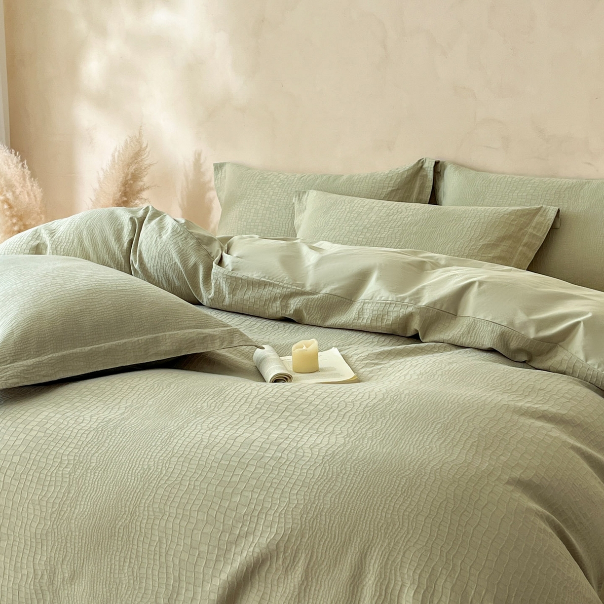 91家纺网 家纺一手货源 找家纺 火麒麟家纺 2026新款A类全棉纯棉水洗立体浮雕提花纯棉四件套 石烁（奶绿）