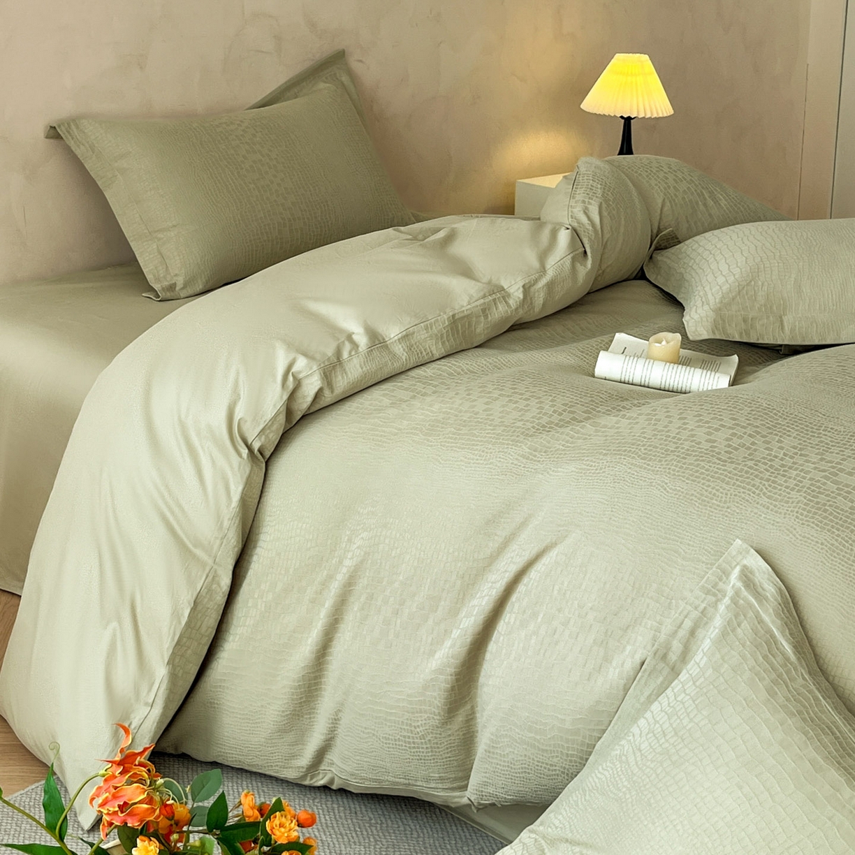 91家纺网 家纺一手货源 找家纺 火麒麟家纺 2026新款A类全棉纯棉水洗立体浮雕提花纯棉四件套 石烁（奶绿）