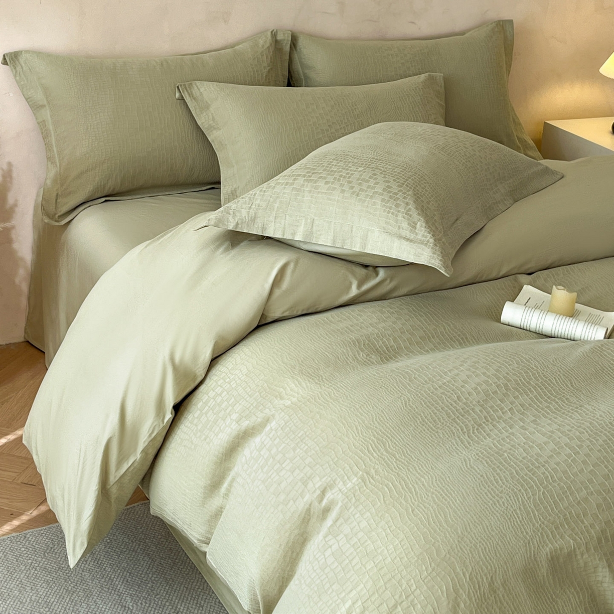 91家纺网 家纺一手货源 找家纺 火麒麟家纺 2026新款A类全棉纯棉水洗立体浮雕提花纯棉四件套 石烁（奶绿）