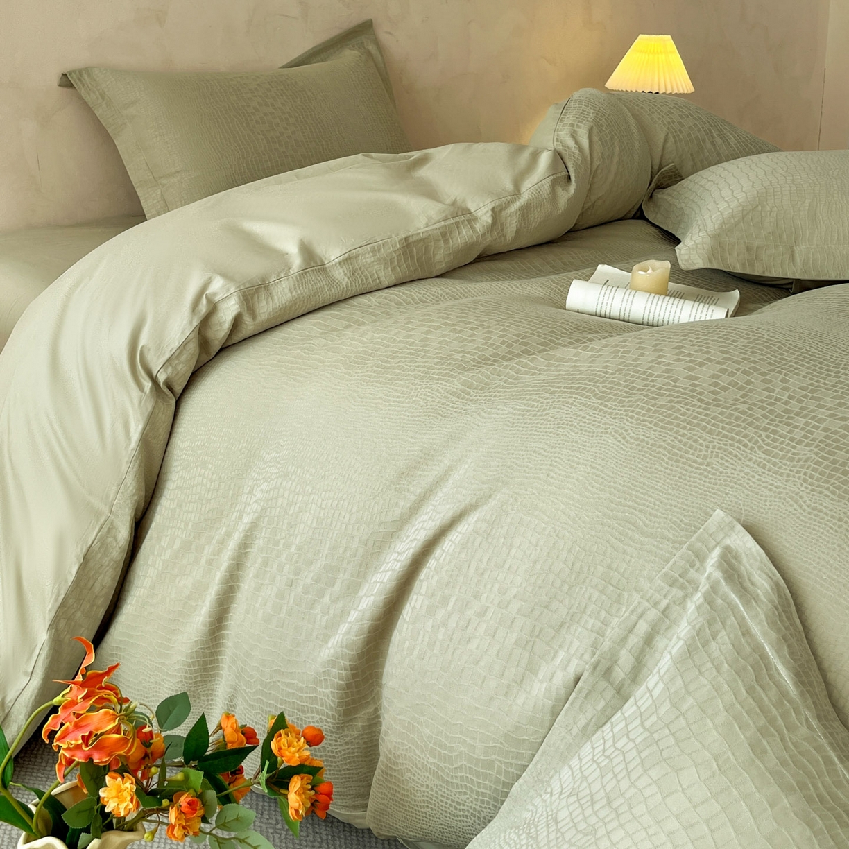 91家纺网 家纺一手货源 找家纺 火麒麟家纺 2026新款A类全棉纯棉水洗立体浮雕提花纯棉四件套 石烁（奶绿）