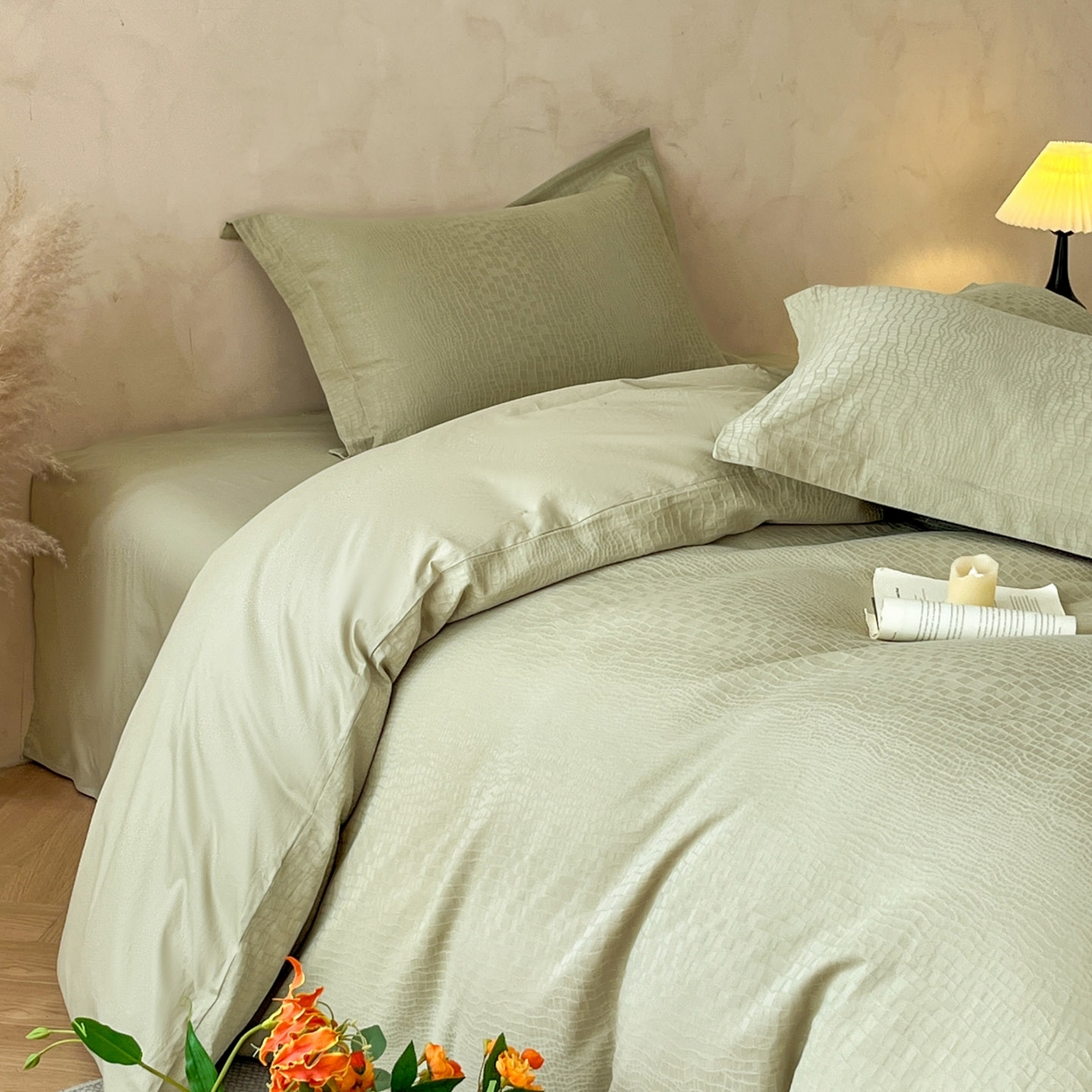 91家纺网 家纺一手货源 找家纺 火麒麟家纺 2026新款A类全棉纯棉水洗立体浮雕提花纯棉四件套 石烁（奶绿）