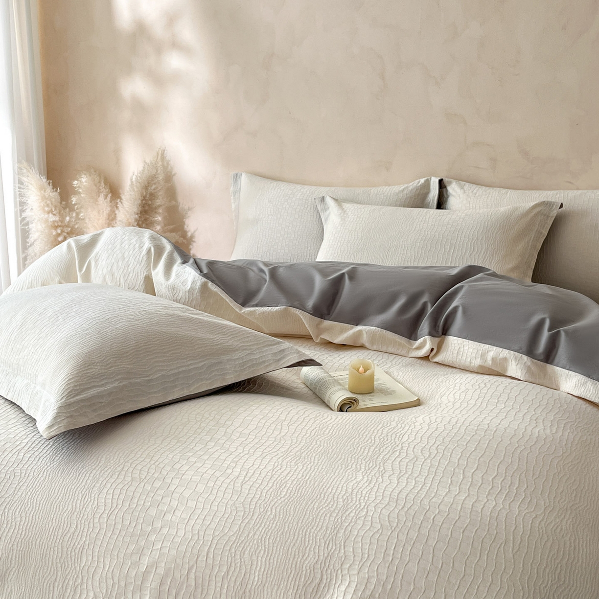 91家纺网 家纺一手货源 找家纺 火麒麟家纺 2026新款A类全棉纯棉水洗立体浮雕提花纯棉四件套 石烁（奶昔白）