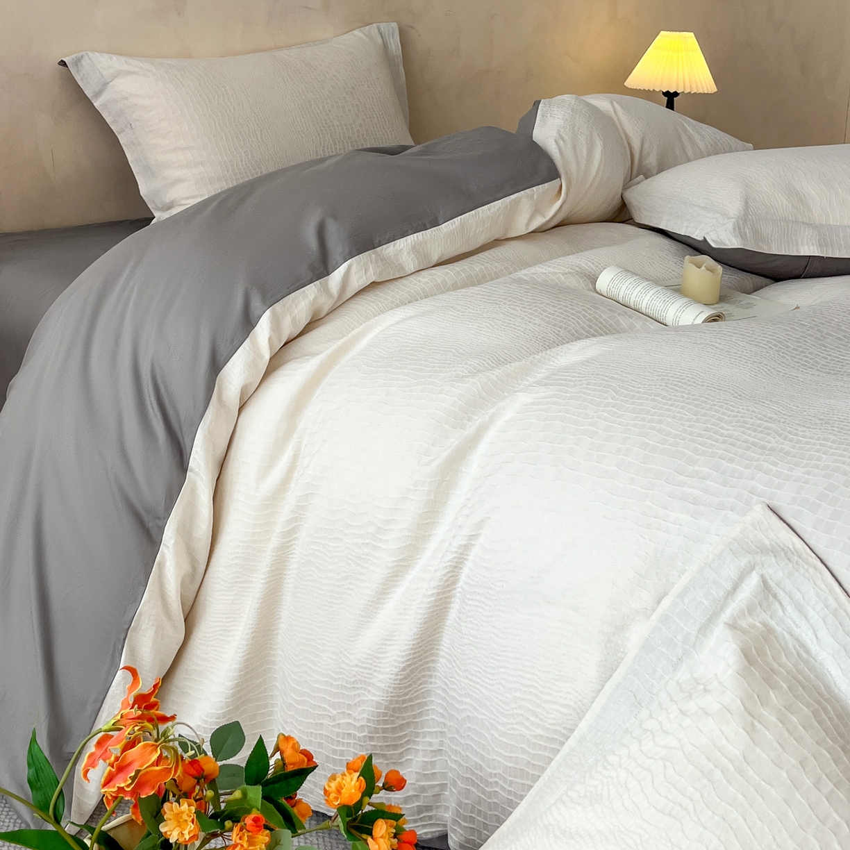 91家纺网 家纺一手货源 找家纺 火麒麟家纺 2026新款A类全棉纯棉水洗立体浮雕提花纯棉四件套 石烁（奶昔白）