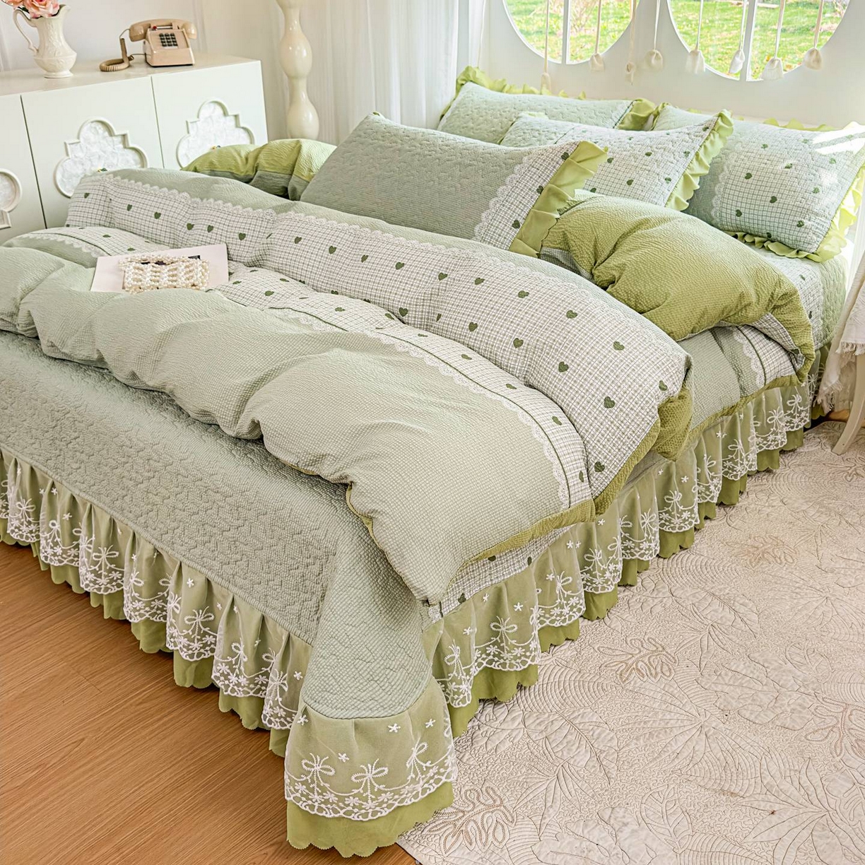 91家纺网 家纺一手货源 找家纺 雅眠居 2026直播爆款泡芙棉双层蕾丝花边床盖四件套 甜心-绿