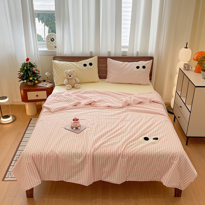 91家纺网 家纺一手货源 找家纺 （总）桃心家居 2026春夏新款A类ins云柔水洗棉升级毛巾绣大眼睛大豆单夏被夏被四件套