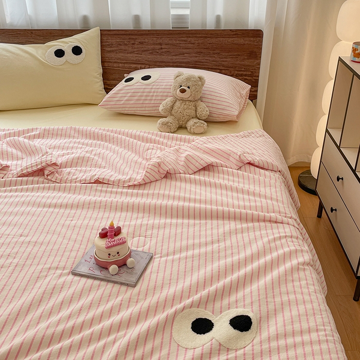 91家纺网 家纺一手货源 找家纺 （总）桃心家居 2026春夏新款A类ins云柔水洗棉升级毛巾绣大眼睛大豆单夏被夏被四件套