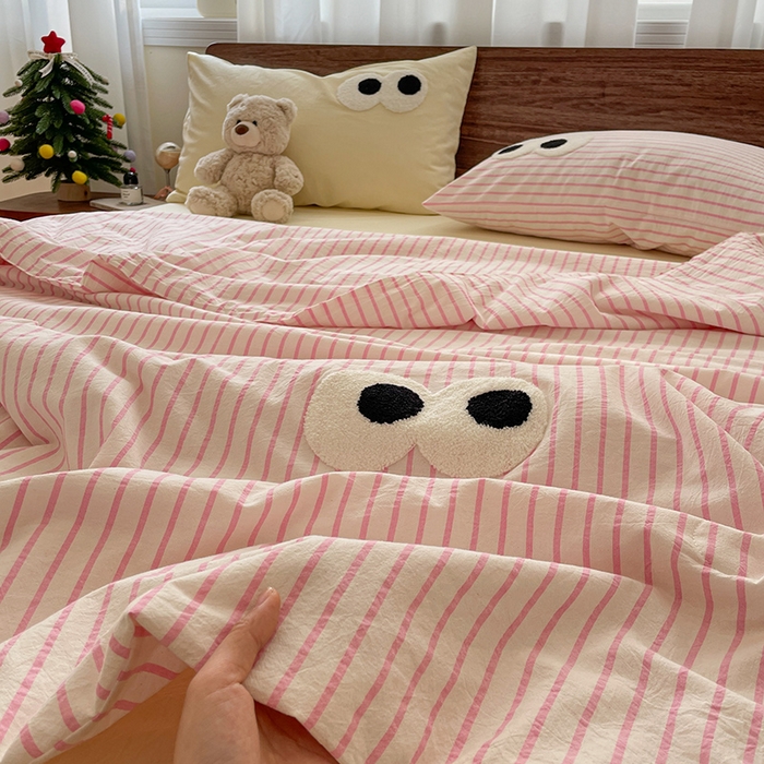 91家纺网 家纺一手货源 找家纺 （总）桃心家居 2026春夏新款A类ins云柔水洗棉升级毛巾绣大眼睛大豆单夏被夏被四件套