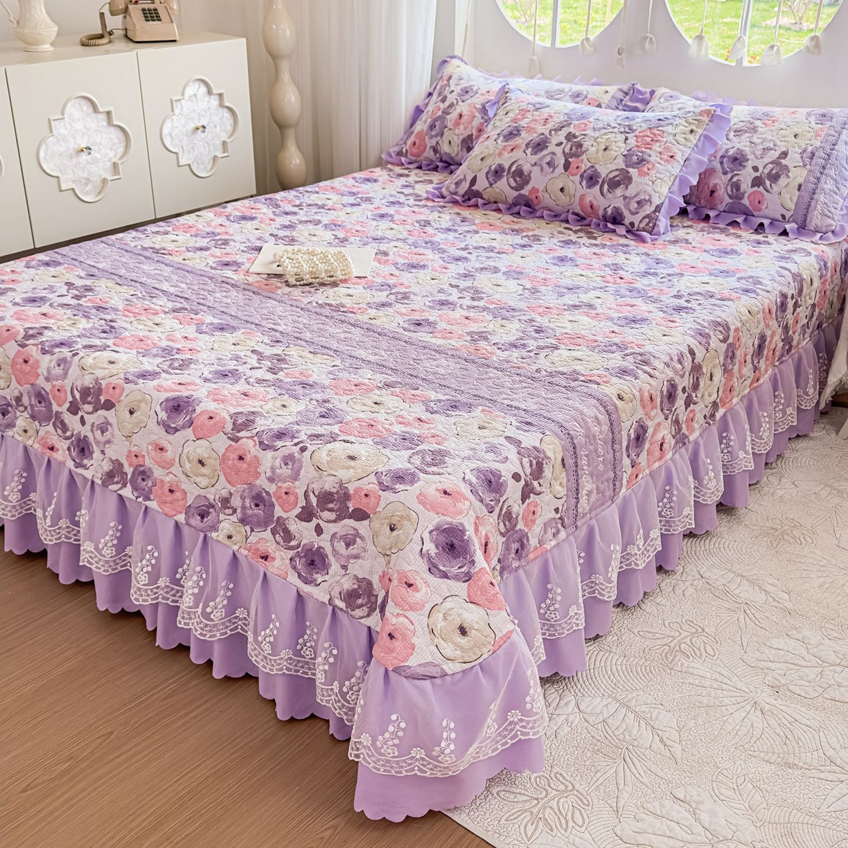 91家纺网 家纺一手货源 找家纺 雅眠居 2026直播爆款泡芙棉双层蕾丝花边床盖四件套 莫奈花园