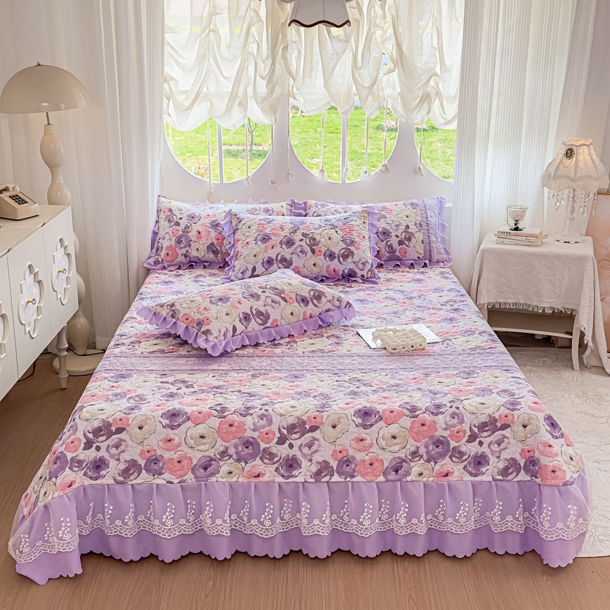 91家纺网 家纺一手货源 找家纺 雅眠居 2026直播爆款泡芙棉双层蕾丝花边床盖四件套 莫奈花园