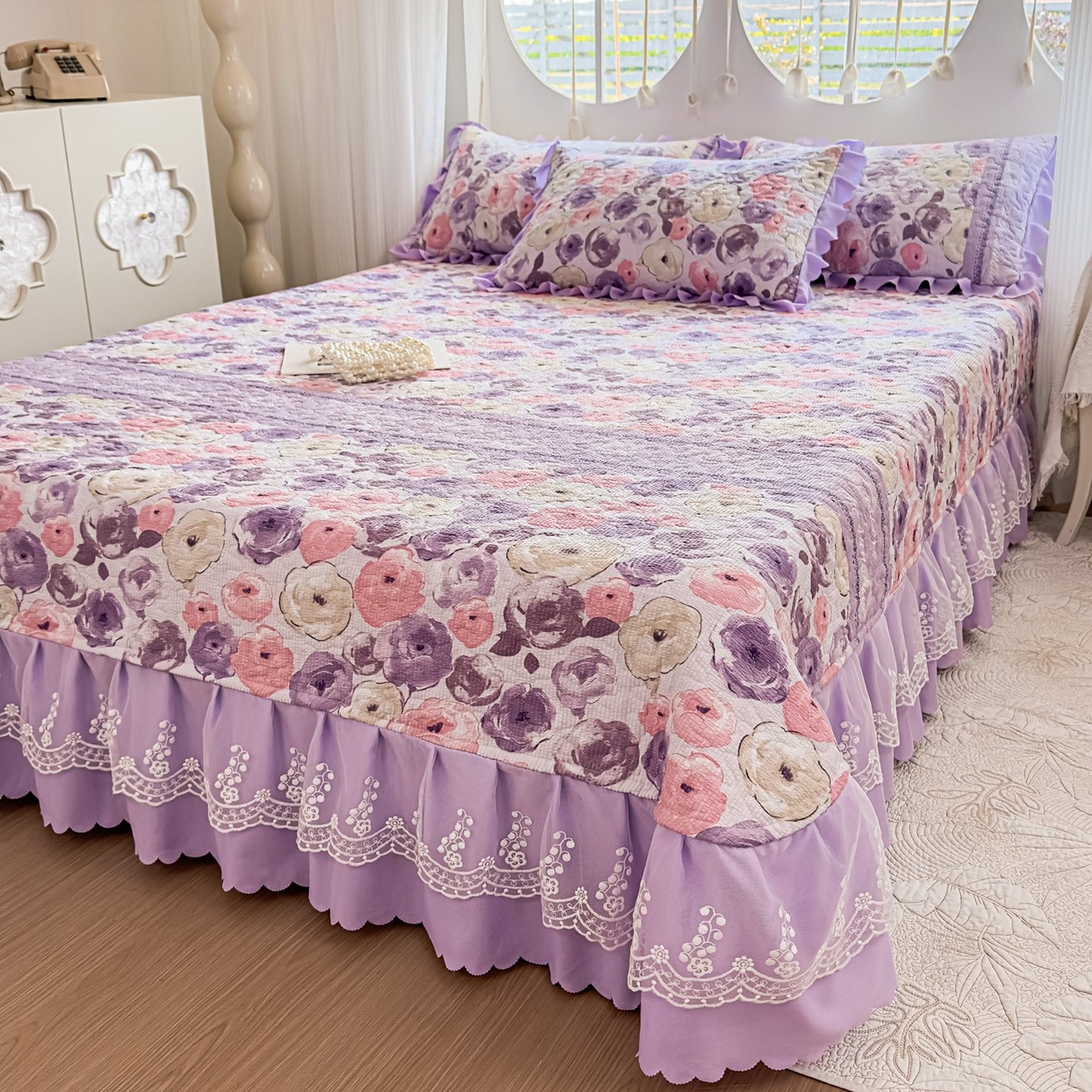 91家纺网 家纺一手货源 找家纺 雅眠居 2026直播爆款泡芙棉双层蕾丝花边床盖四件套 莫奈花园