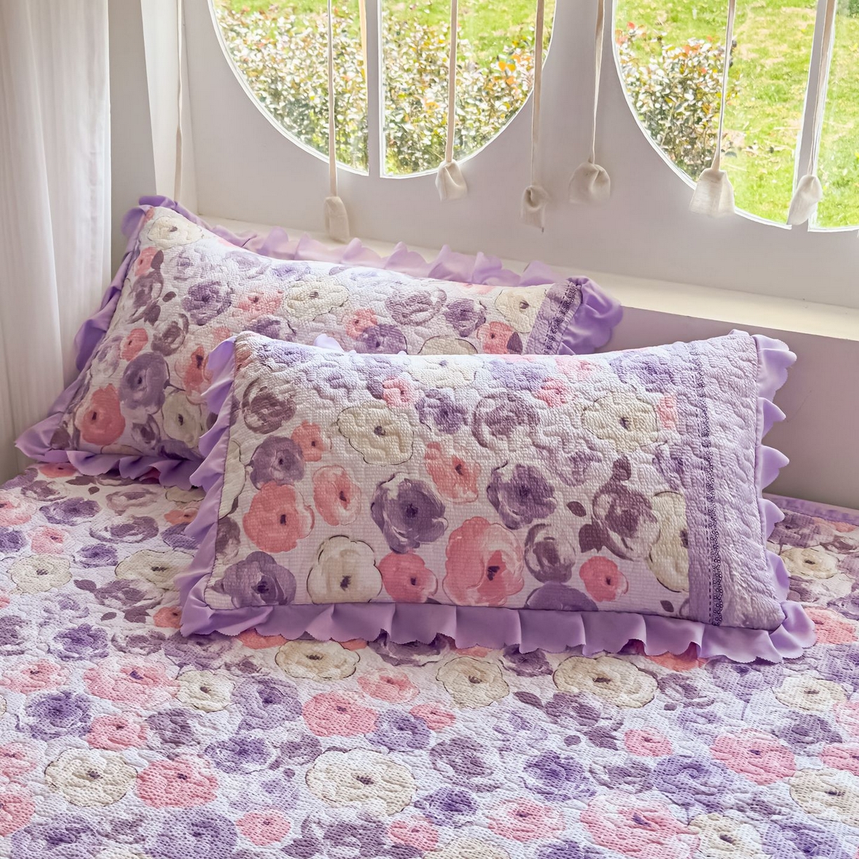 91家纺网 家纺一手货源 找家纺 雅眠居 2026直播爆款泡芙棉双层蕾丝花边床盖四件套 莫奈花园