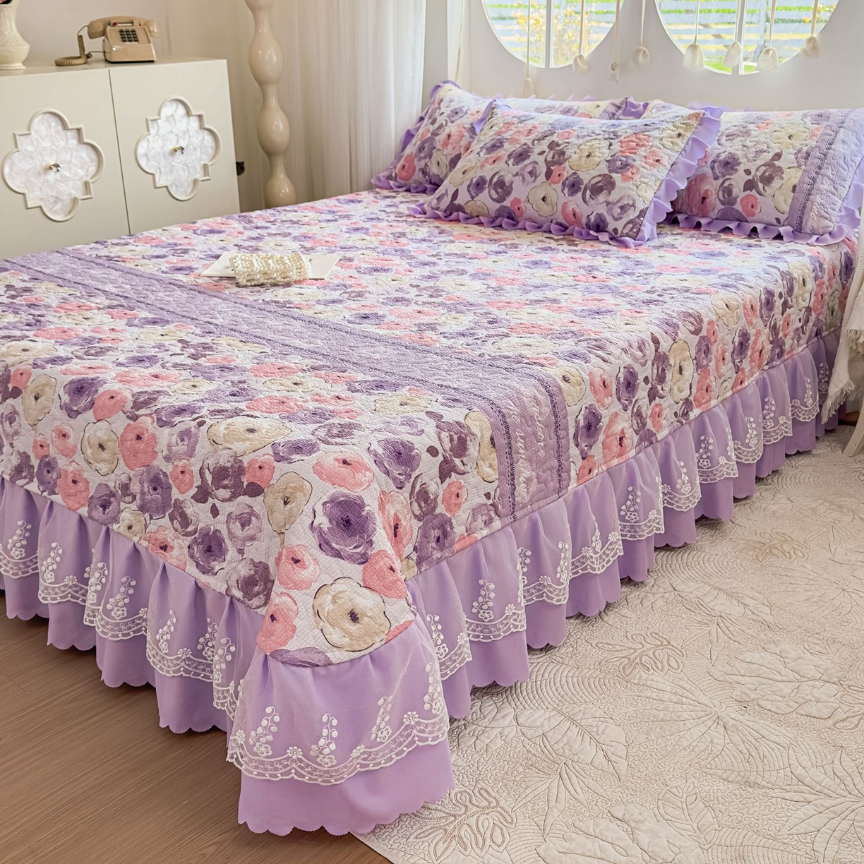 91家纺网 家纺一手货源 找家纺 雅眠居 2026直播爆款泡芙棉双层蕾丝花边床盖四件套 莫奈花园